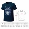 Navy blue cotton samurai skull T-shirt with size chart for men, perfect for leisure and events. Made of 100% cotton.