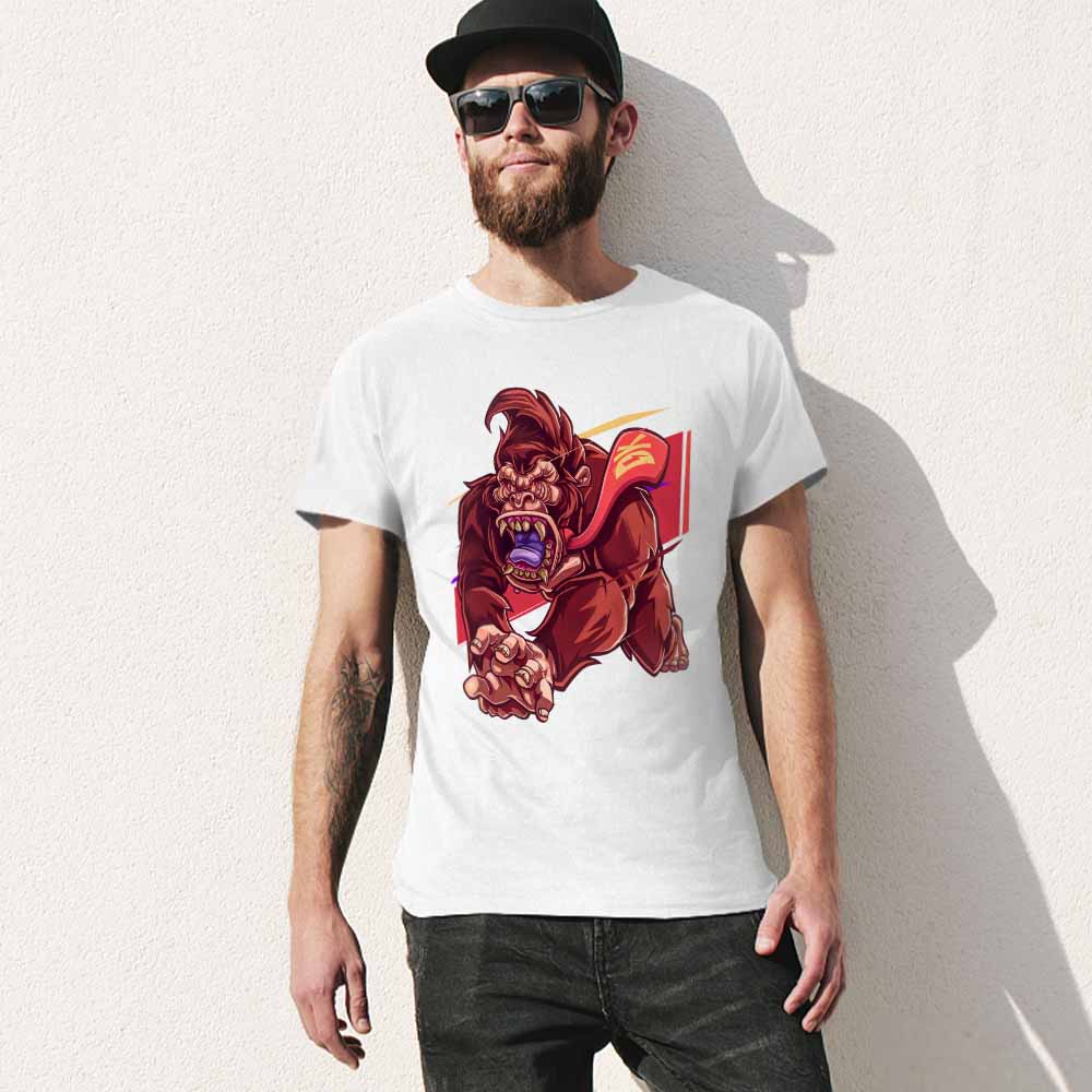 White cotton men's t-shirt with a red monster graphic print