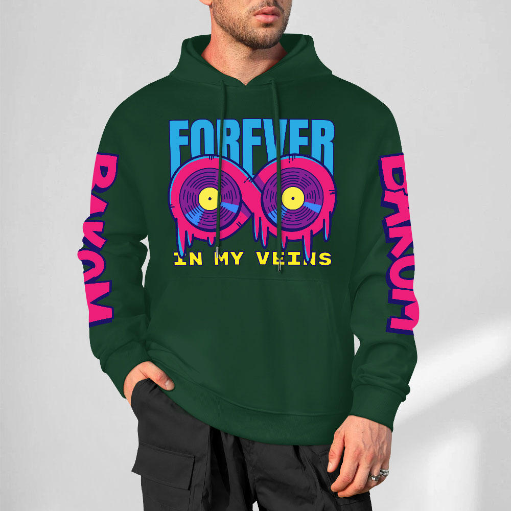 Dark green FOREVER 99 hoodie with donut graphic and sleeve prints, youth fashion style