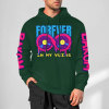 Dark green FOREVER 99 hoodie with donut graphic and sleeve prints, youth fashion style