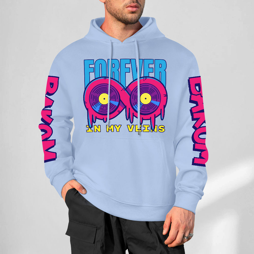 Light blue cotton hoodie with 'FOREVER 99' donut graphic and sleeve prints, youth fashion style.