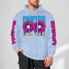 Light blue cotton hoodie with 'FOREVER 99' donut graphic and sleeve prints, youth fashion style.