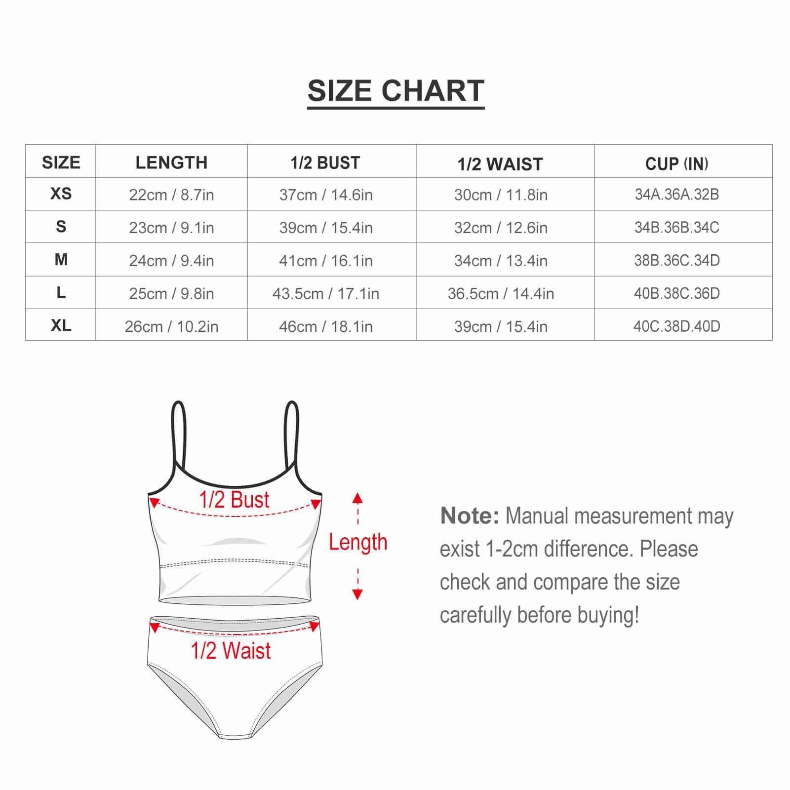 Bikini Swimwear Size Chart with measurements, pink polka dot, includes length and waist details