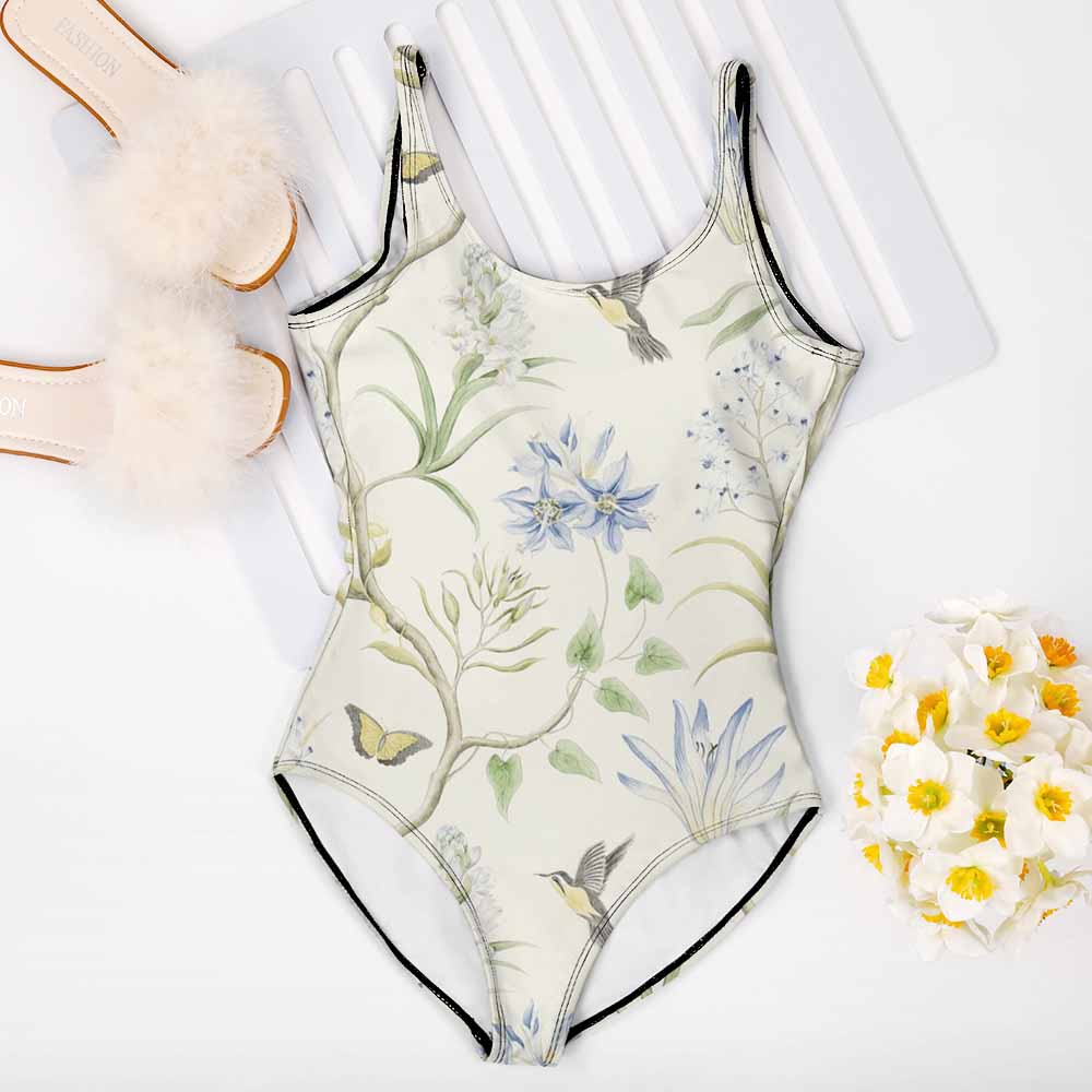Floral print adult one-piece swimsuit with U-back design, made of polyester for beach and pool.