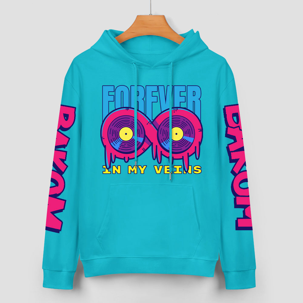 Turquoise cotton FOREVER 99 donut graphic hoodie with DAKUM sleeve prints, youth fashion style.