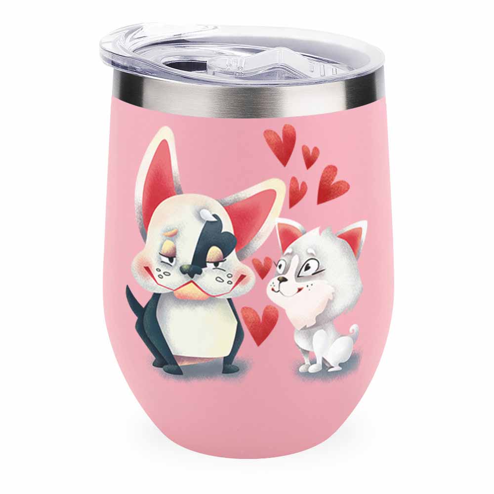 Pink stainless steel insulated cup with cartoon penguin and cat design, hearts, spill-proof lid, Inkedjoy