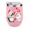 Pink stainless steel insulated cup with cartoon penguin and cat design, hearts, spill-proof lid, Inkedjoy