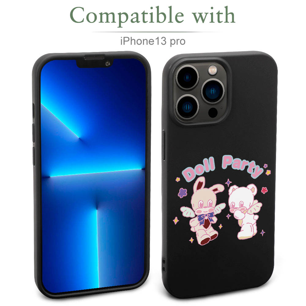 iPhone 13 case with "Doll Party" design, black TPU, wireless charging compatible