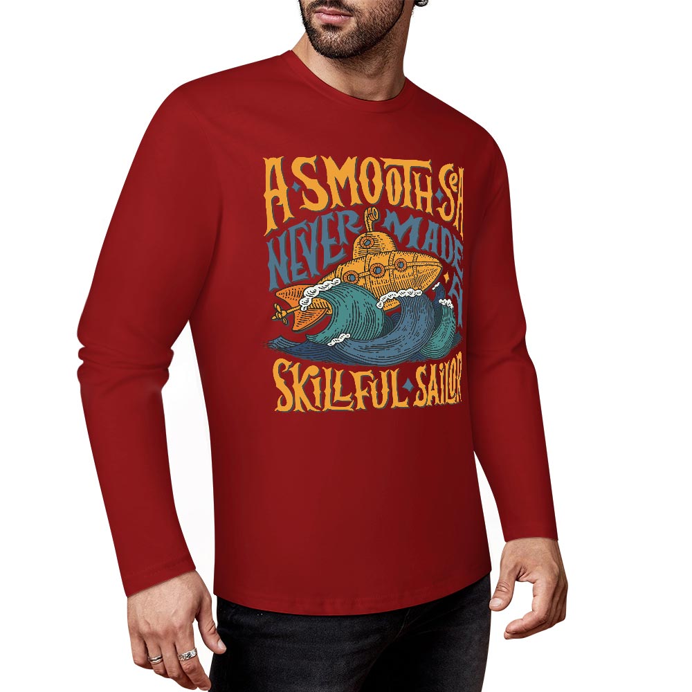Red pure cotton long sleeve T-shirt with graphic print for casual wear - ASMODUS Skull San