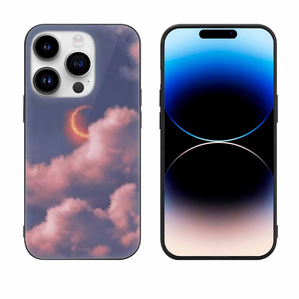 iPhone 14 glass case with cloud and moon design, protective and stylish