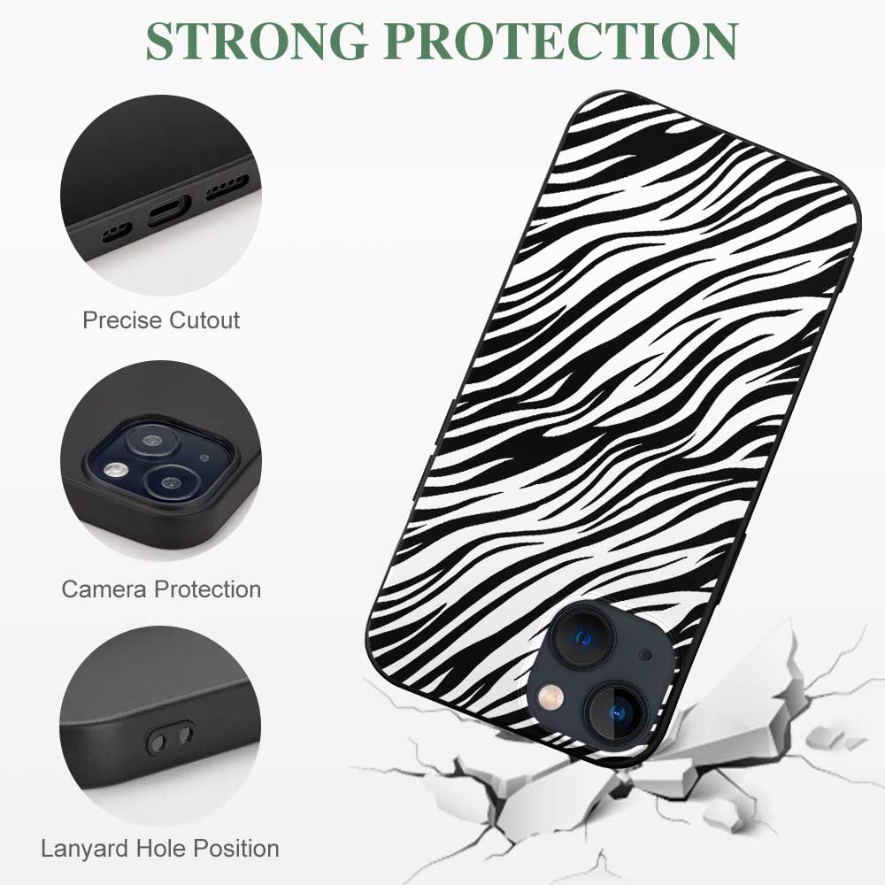 iPhone 13 case with black and white zebra print design, strong protection, TPU material, scratch-resistant.