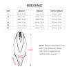Women's jumpsuit underwear size chart with measurements, mesh fabric details