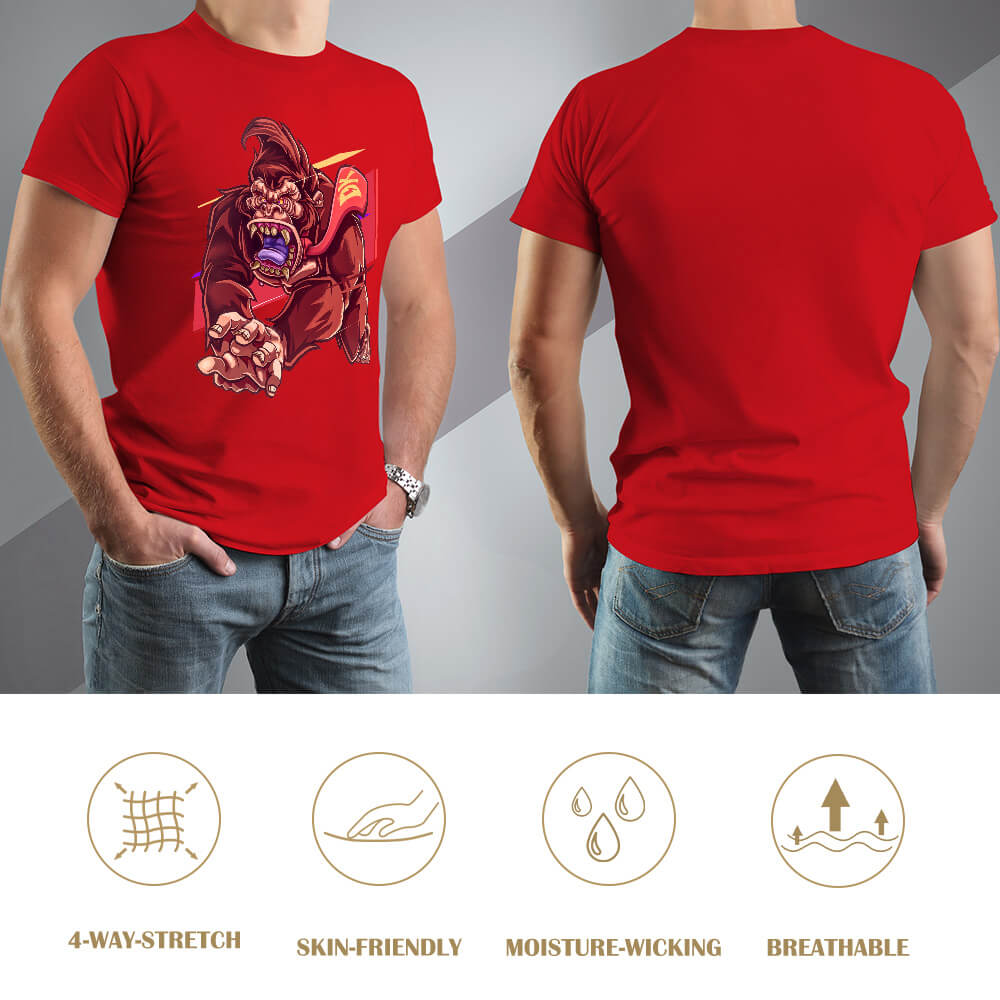 Red cotton men's T-shirt with red monster graphic print by Inkedjoy, front and back