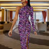 Purple floral half sleeve slit dress, asymmetrical design, for holiday vacation