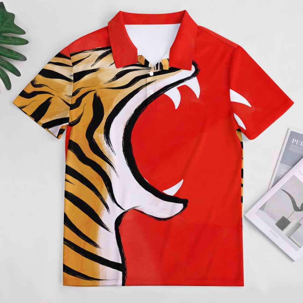 Red and Yellow Tiger Print POLO Shirt - European Sode, breathable polyester, stylish design.