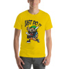 Yellow  Men's T-shirt with cartoon design and 'Just Do It' print, cotton fabric.
