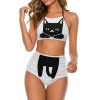 Cute suspender two-piece bikini swimsuit featuring a cat design, polyester spandex blend.