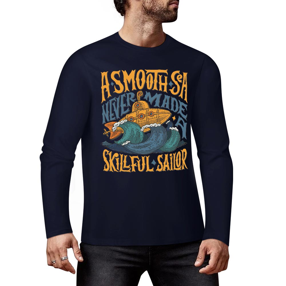 Dark blue pure cotton long sleeve T-shirt featuring ASMODUS Shark Attack graphic for casual wear