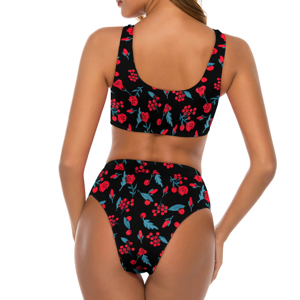 Black Safflower Bikini Swimsuit with Cherry Print, High-Waisted Bottoms