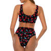 Black Safflower Bikini Swimsuit with Cherry Print, High-Waisted Bottoms