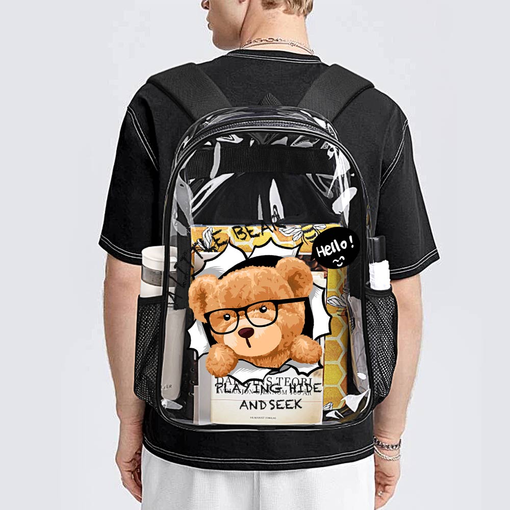 Transparent 17-inch PVC backpack featuring a bear graphic, ideal for work/travel, with text 'SO REAL'