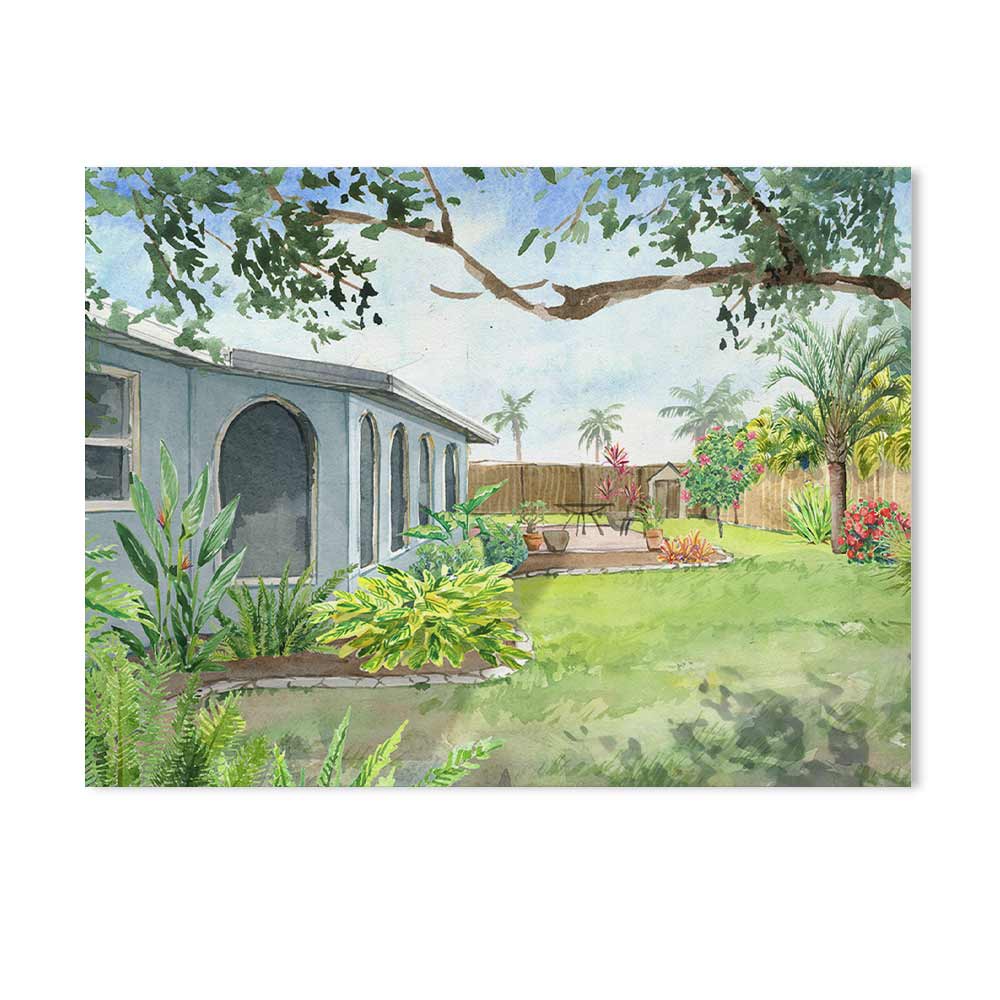 Canvas print of a serene garden scene, featuring a house and lush greenery, perfect for home decor.