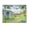 Canvas print of a serene garden scene, featuring a house and lush greenery, perfect for home decor.