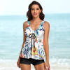 Floral print tankini swimsuit set, polyester-spandex blend, sleeveless top, black shorts, perfect for beach or pool.