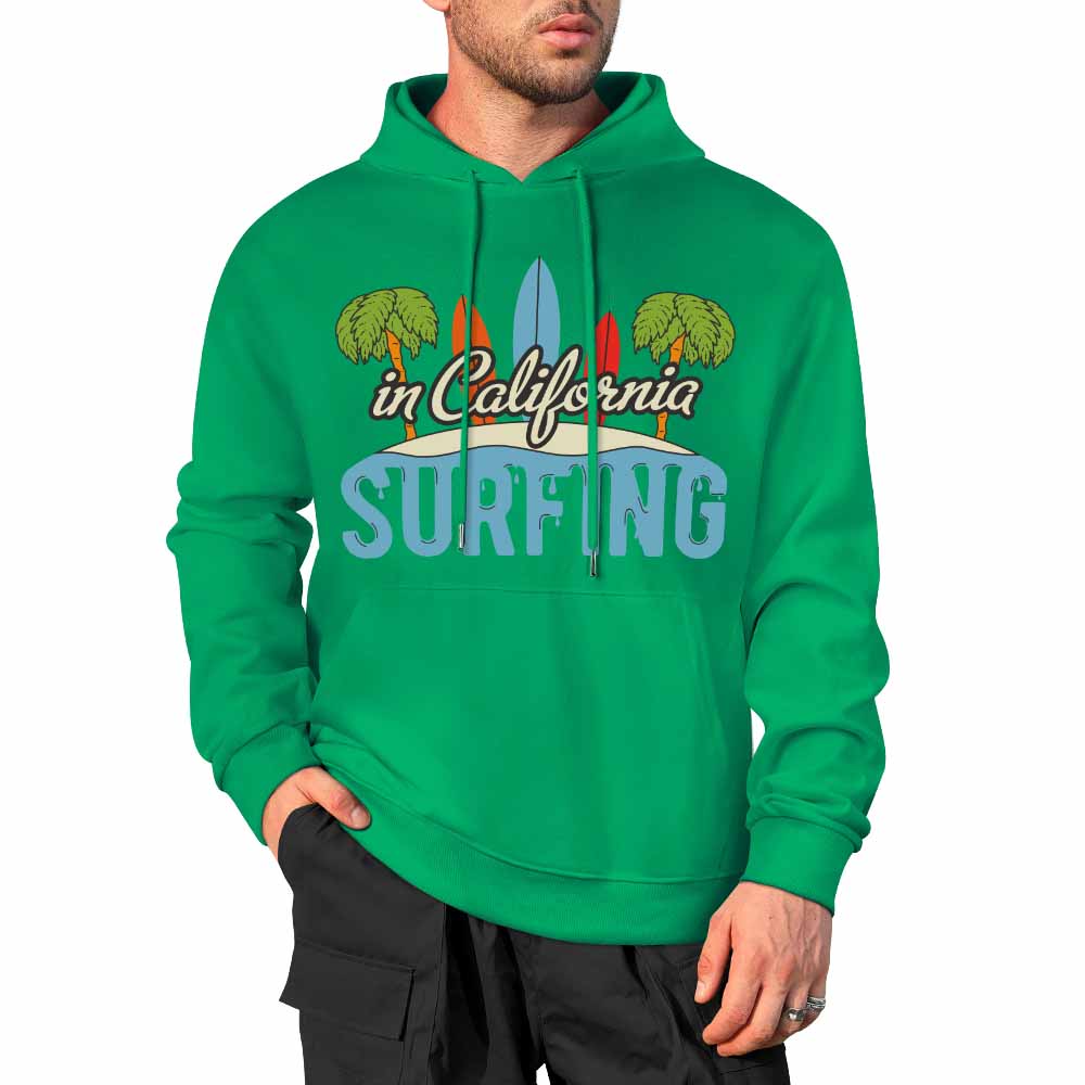 Green cotton hoodie with "CALIFORNIA SURFING" graphic for daily wear