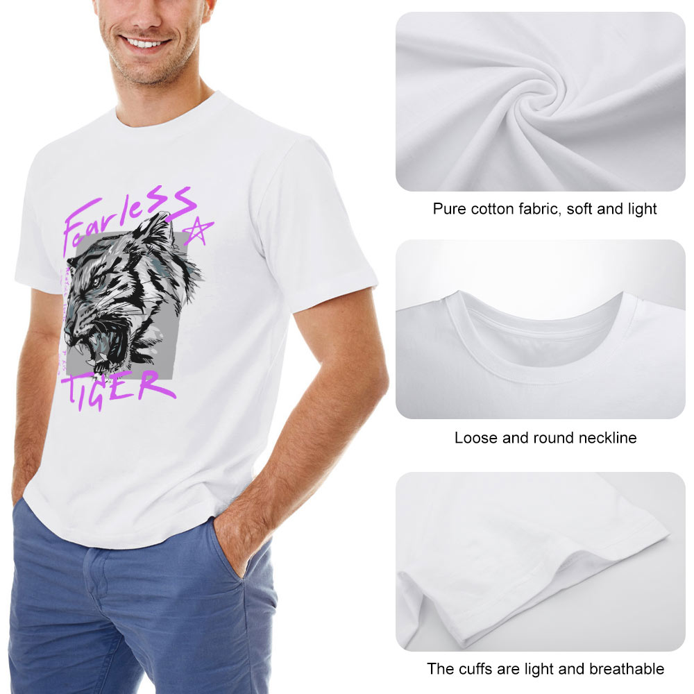 White 100% cotton men's 'Fearless Tiger' graphic T-shirt, collection. Soft touch fabric and round collar