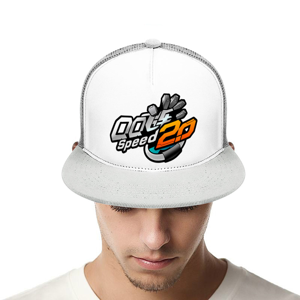White flat brim baseball cap with 'GO Speed 20' graphic and mesh back, suitable for sports and outdoor use.