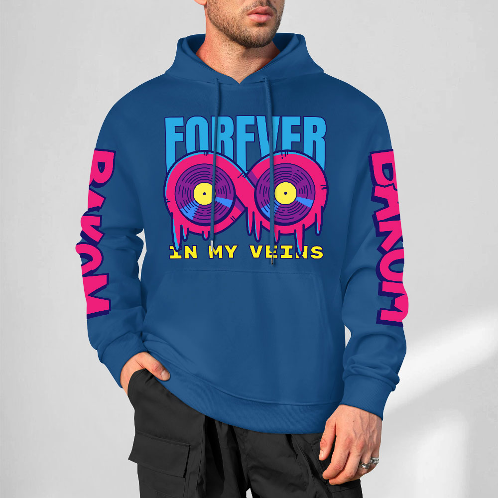 Navy blue 'FOREVER 99' donut graphic hoodie with DAKUM sleeve prints, youth fashion style