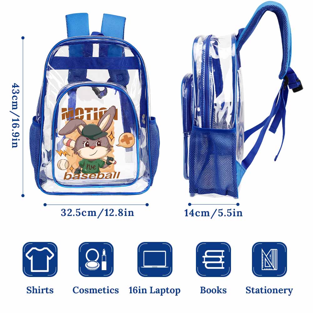 Blue transparent backpack with cartoon graphic, size details and usage icons for work or travel.
