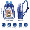 Blue transparent backpack with cartoon graphic, size details and usage icons for work or travel.