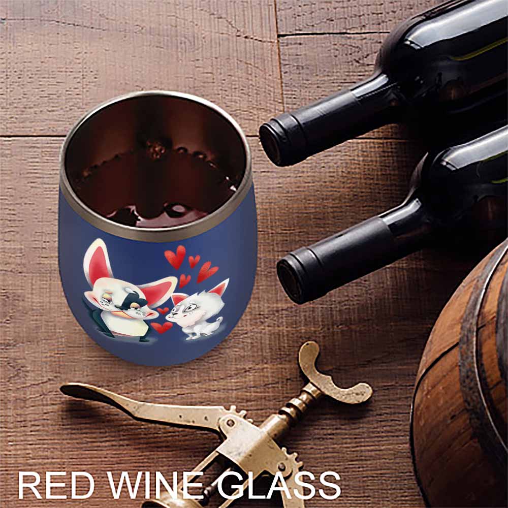 Navy blue stainless steel insulated cup with cat and penguin design, filled with red wine, Inkedjoy