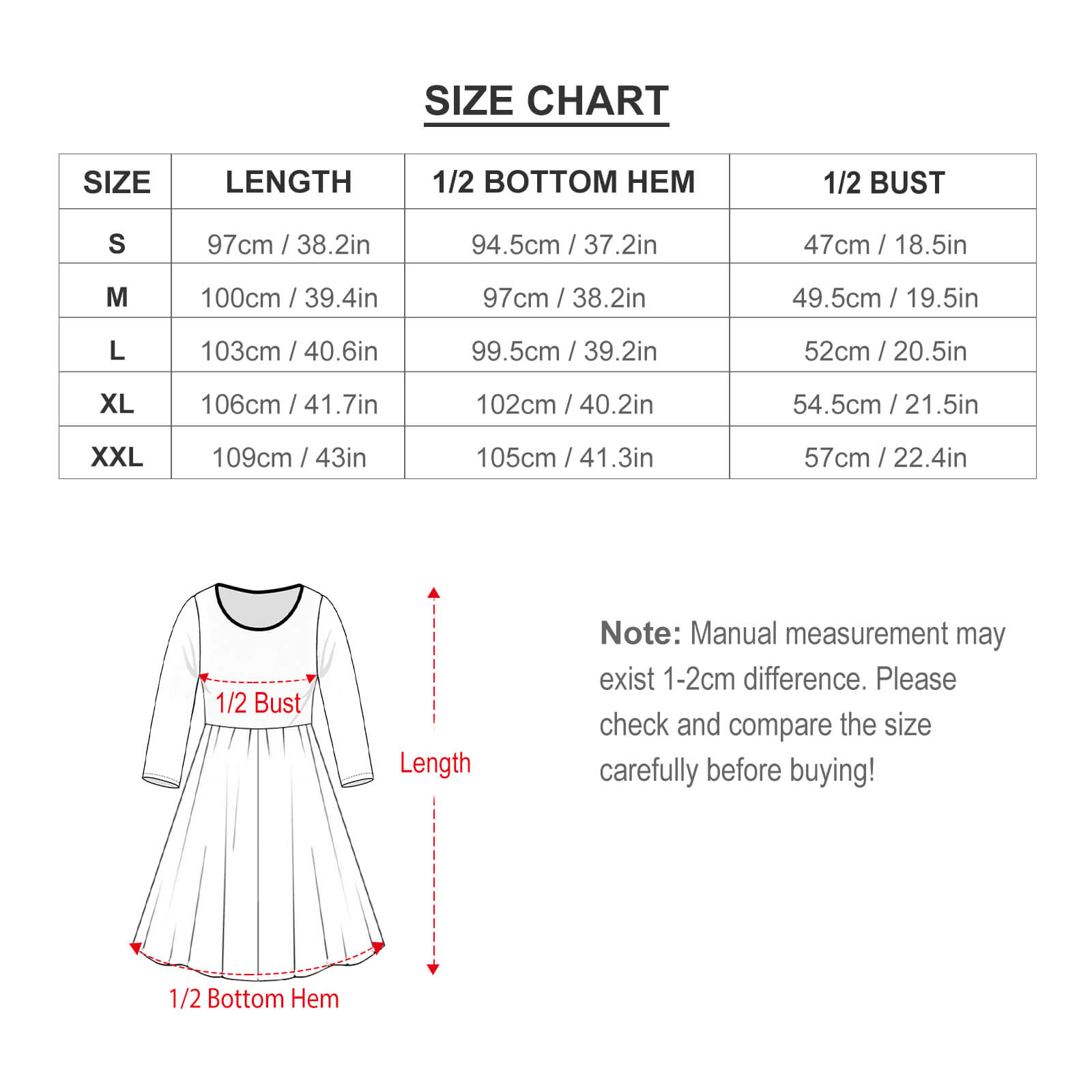 Round neck baggy dress size chart with length, hem, and bust measurements.
