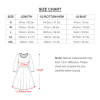 Round neck baggy dress size chart with length, hem, and bust measurements.