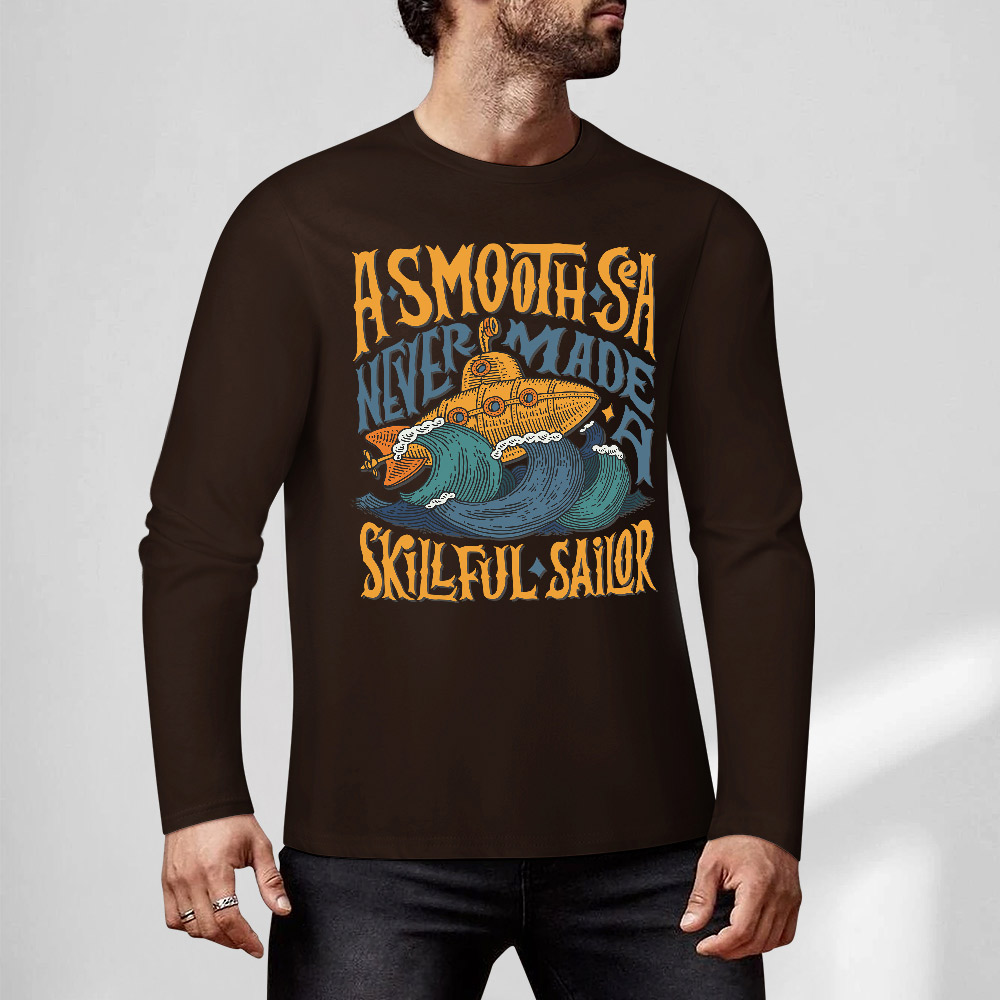 Dark brown pure cotton long sleeve T-shirt featuring 'A SMOOTH SHAKER' graphic, casual wear.