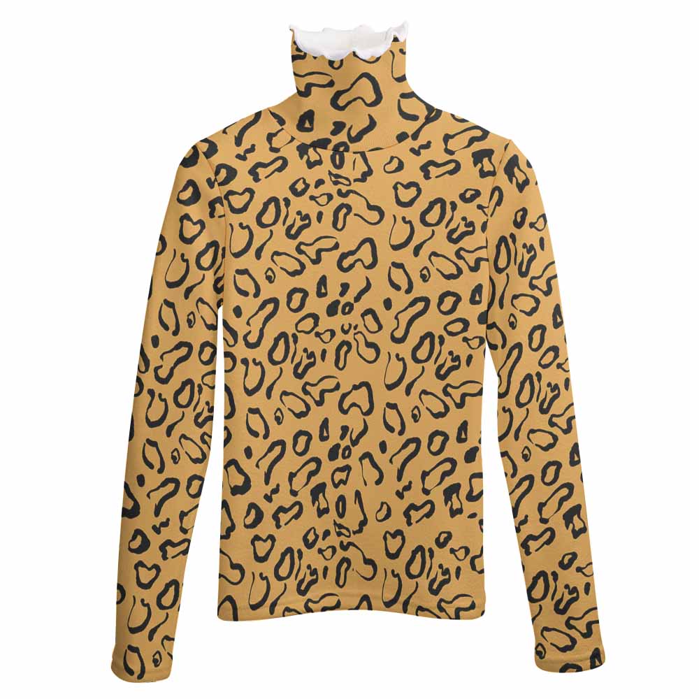 Leopard print long sleeve sweater with turtleneck, a winter fashion staple.
