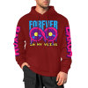 Red cotton hooded sweater with FOREVER donut graphic and sleeve prints, fashion style.