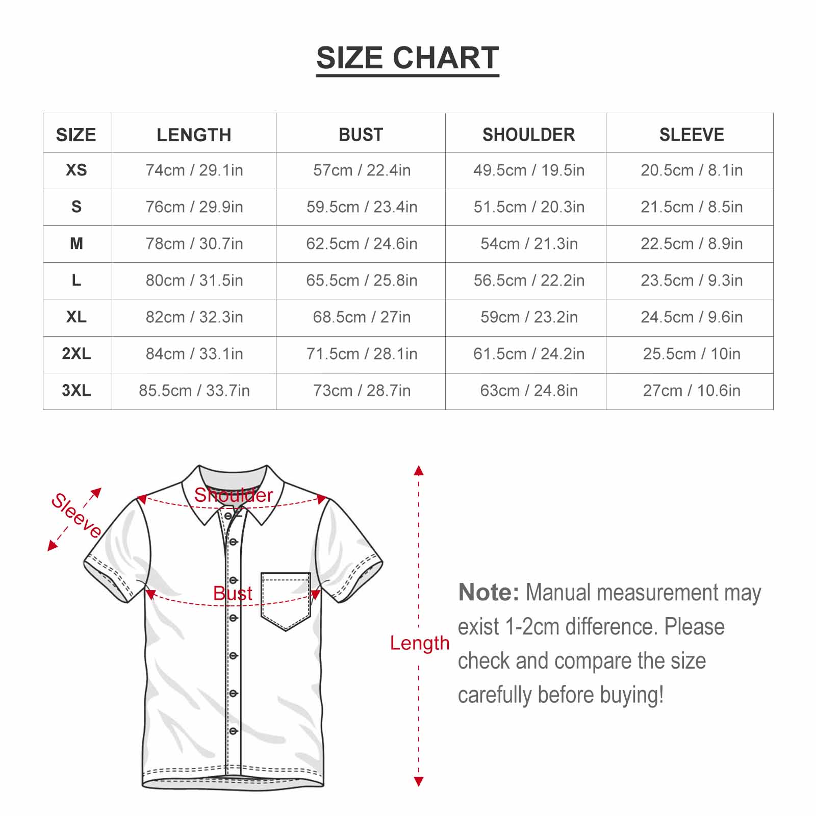 Men's Leisure Beach Suit size chart, including length, bust, shoulder, sleeve, and shorts measurements.