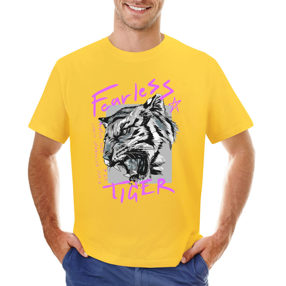 Yellow men's 100% cotton 'Fearless Tiger' graphic T-shirt, front and back print, collection.