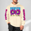 Cream cotton 'FOREVER 99' hoodie with donut graphic and sleeve prints, youth fashion style.