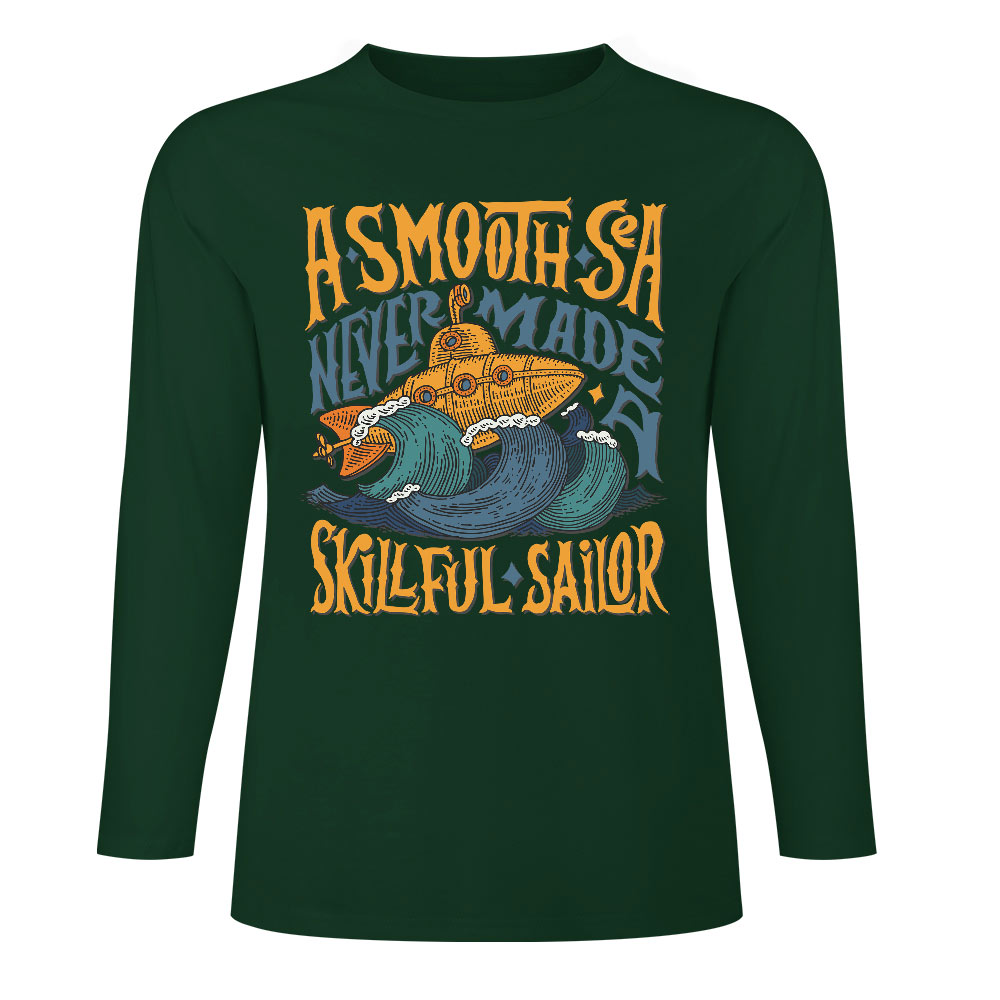 Dark green pure cotton long sleeve T-shirt featuring 'A SMOOTH SHAKER' graphic design, casual wear.