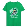 Green cotton short-sleeved surfing T-shirt with 'Wild Wave California' print, summer fashion.