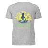 Grey cotton T-shirt with 'Catch the Wave Surfing' print, summer fashion.