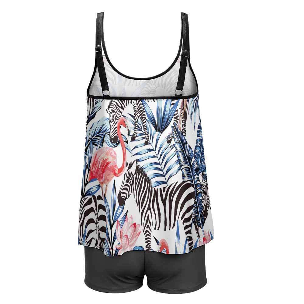 Busty plus size split swimsuit set with floral print top and black shorts, perfect for swimming and beach days.
