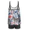 Busty plus size split swimsuit set with floral print top and black shorts, perfect for swimming and beach days.