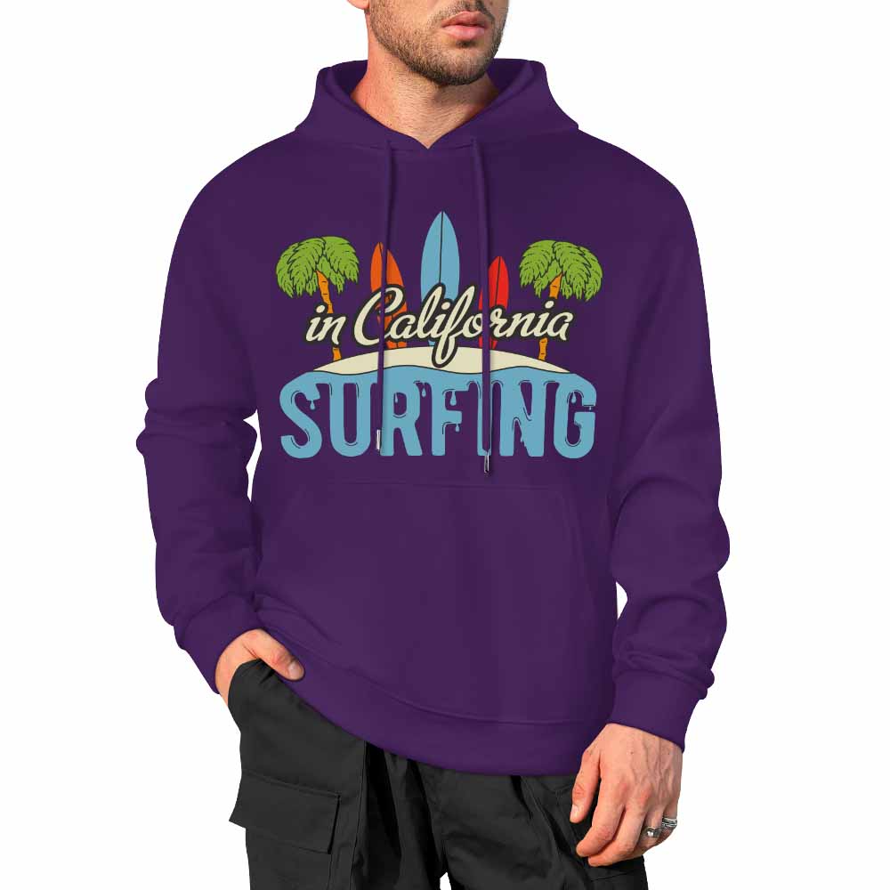 Purple cotton California Surfing hoodie for men, loose fit, comfortable daily wear.
