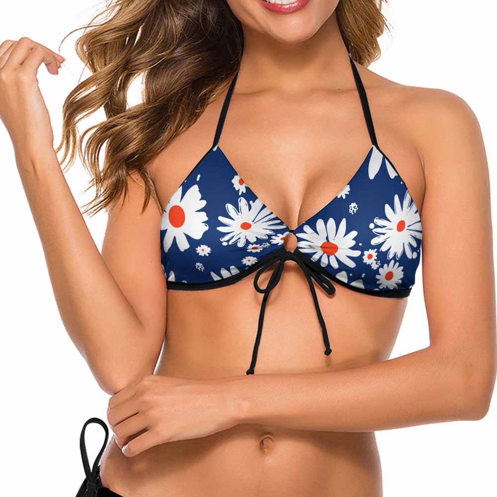 Navy daisy print bikini top with adjustable straps, perfect for summer vacation, beach, or pool.